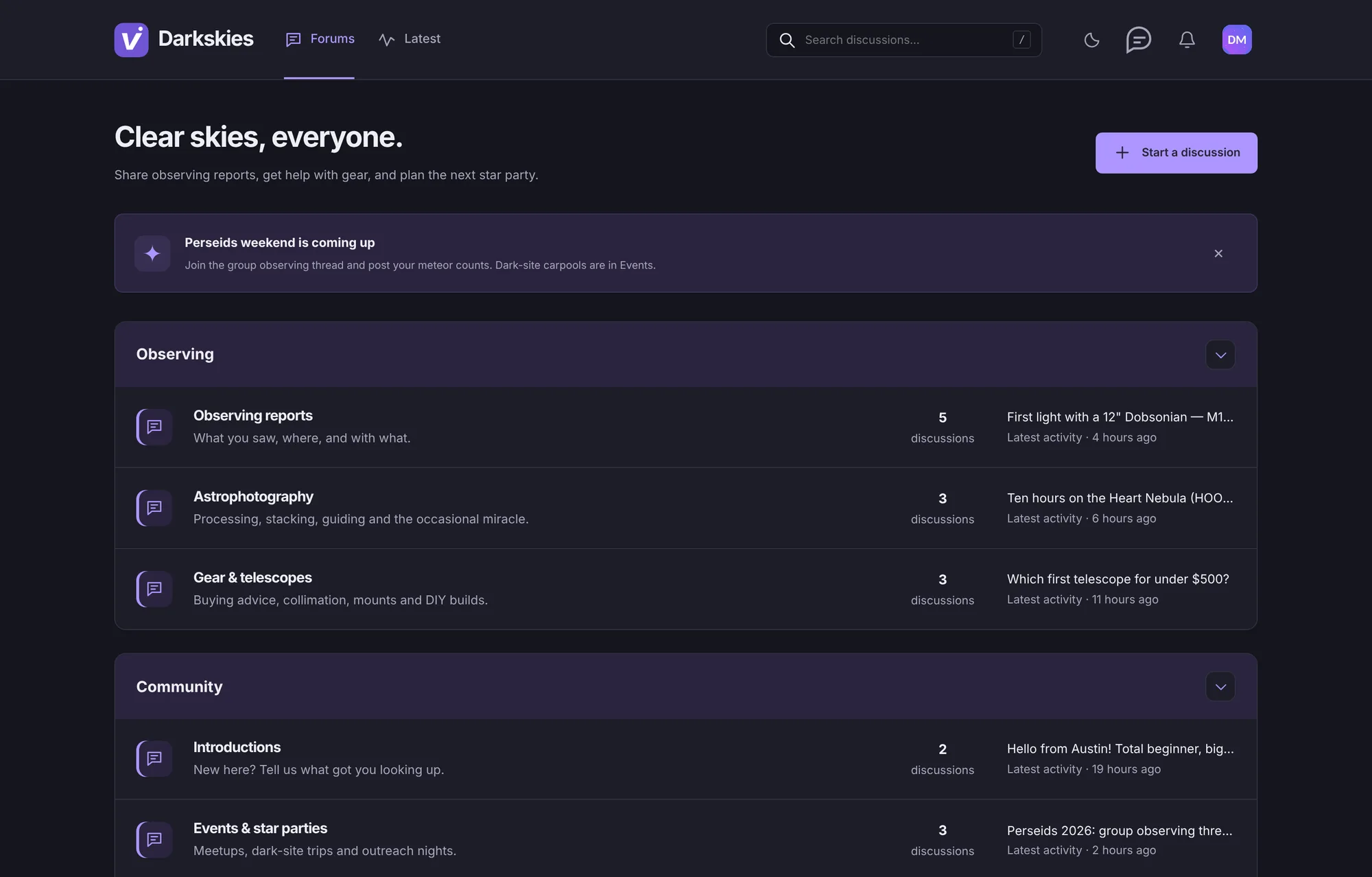 The Darkskies astronomy community in dark mode, with forums for observing reports, astrophotography and gear.