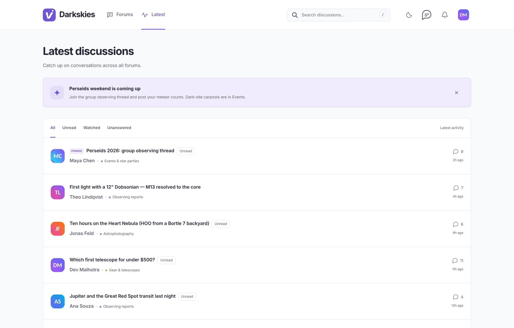 The Latest discussions view in light mode, listing recent threads across the Darkskies forums with reply counts and unread markers.