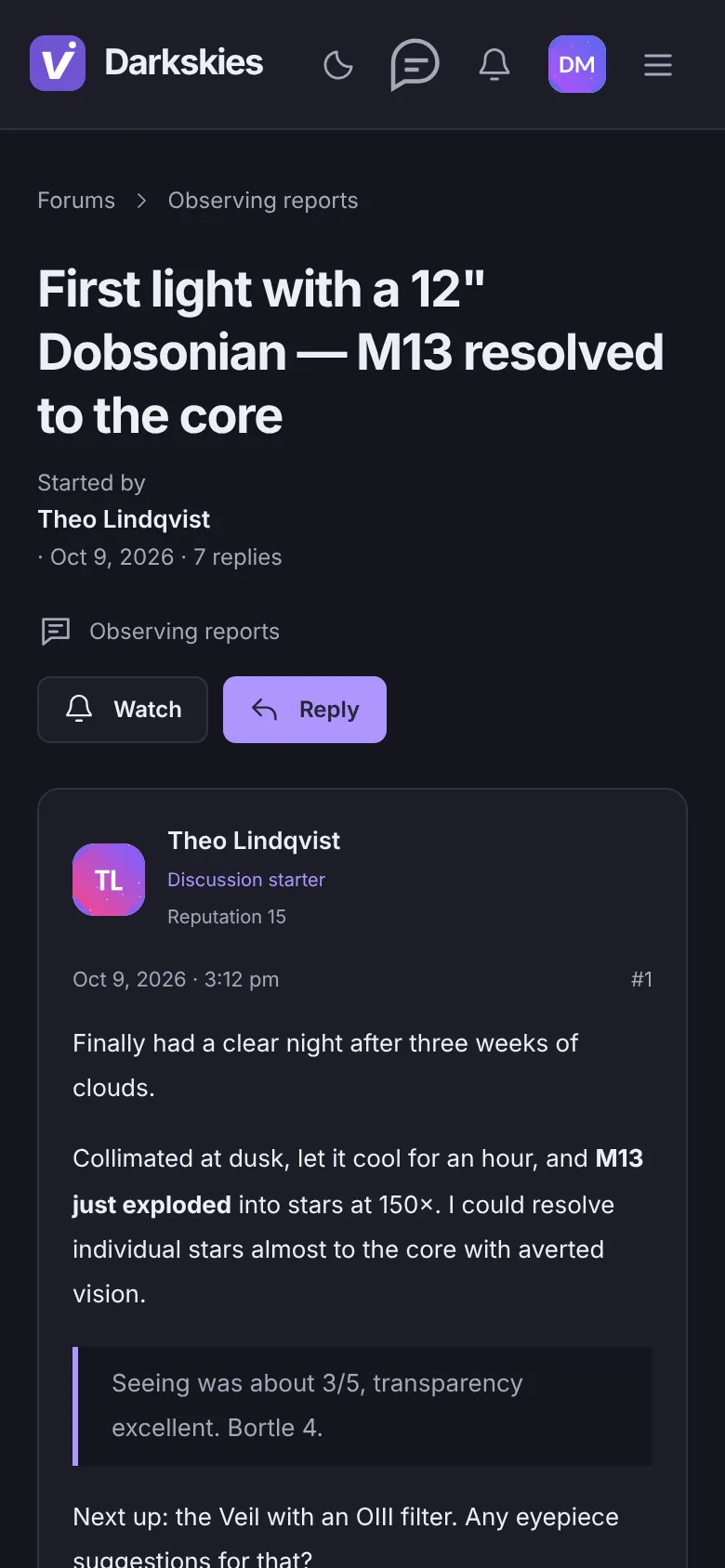A discussion on a phone in dark mode.