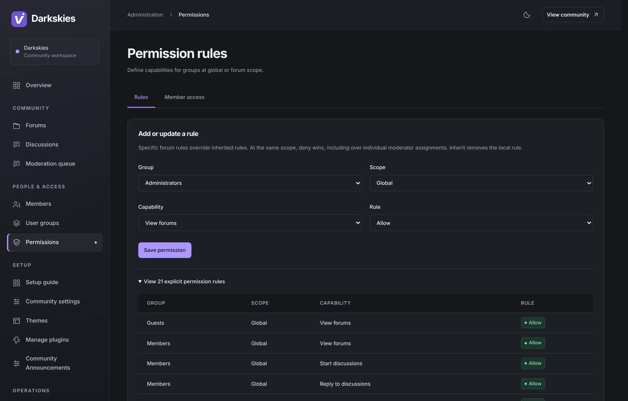 The permission rules screen: add or update a rule for a group, scope and capability, with a table of existing allow rules.
