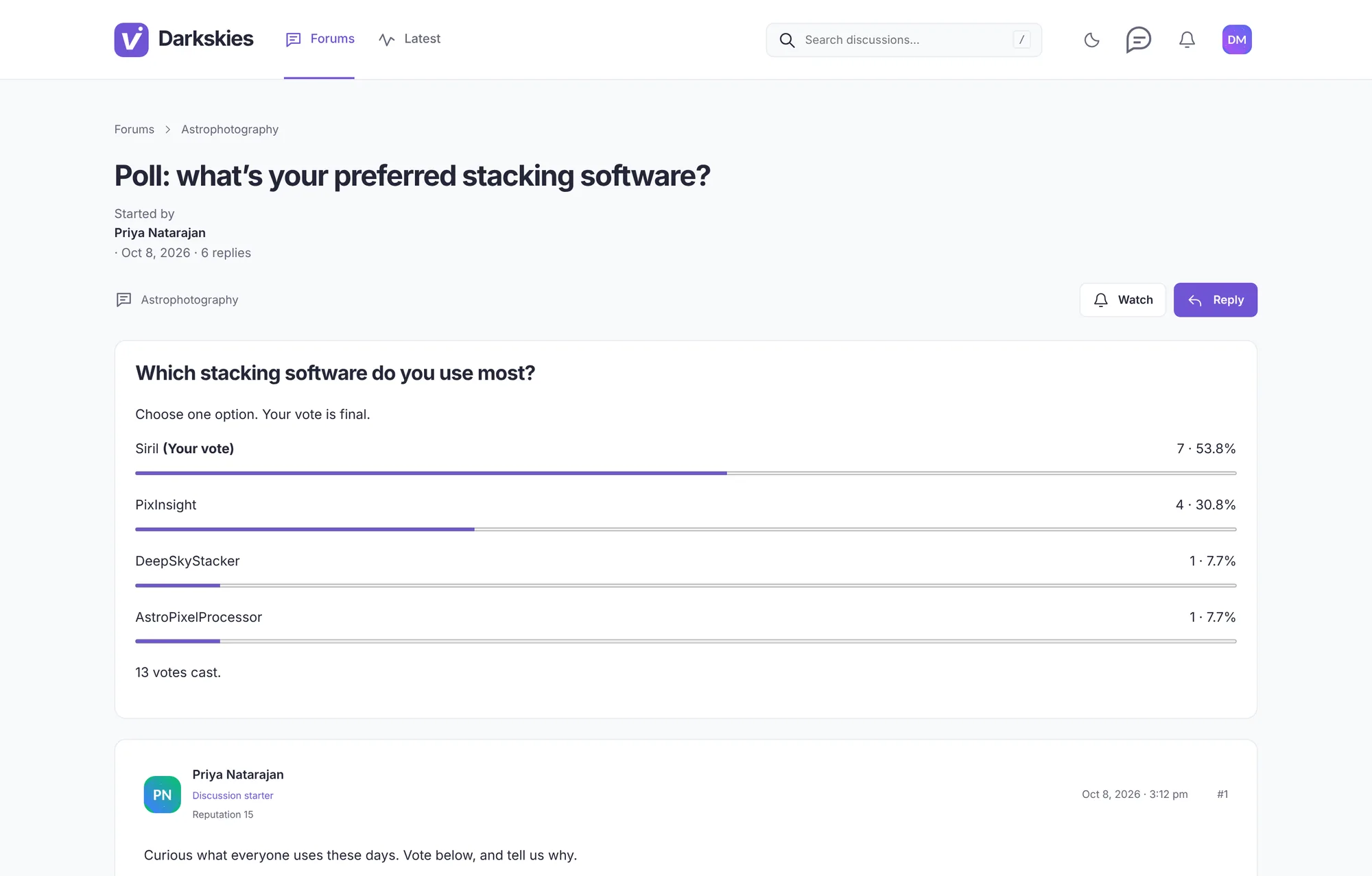 A discussion poll asking which stacking software members use, with results shown as bars.