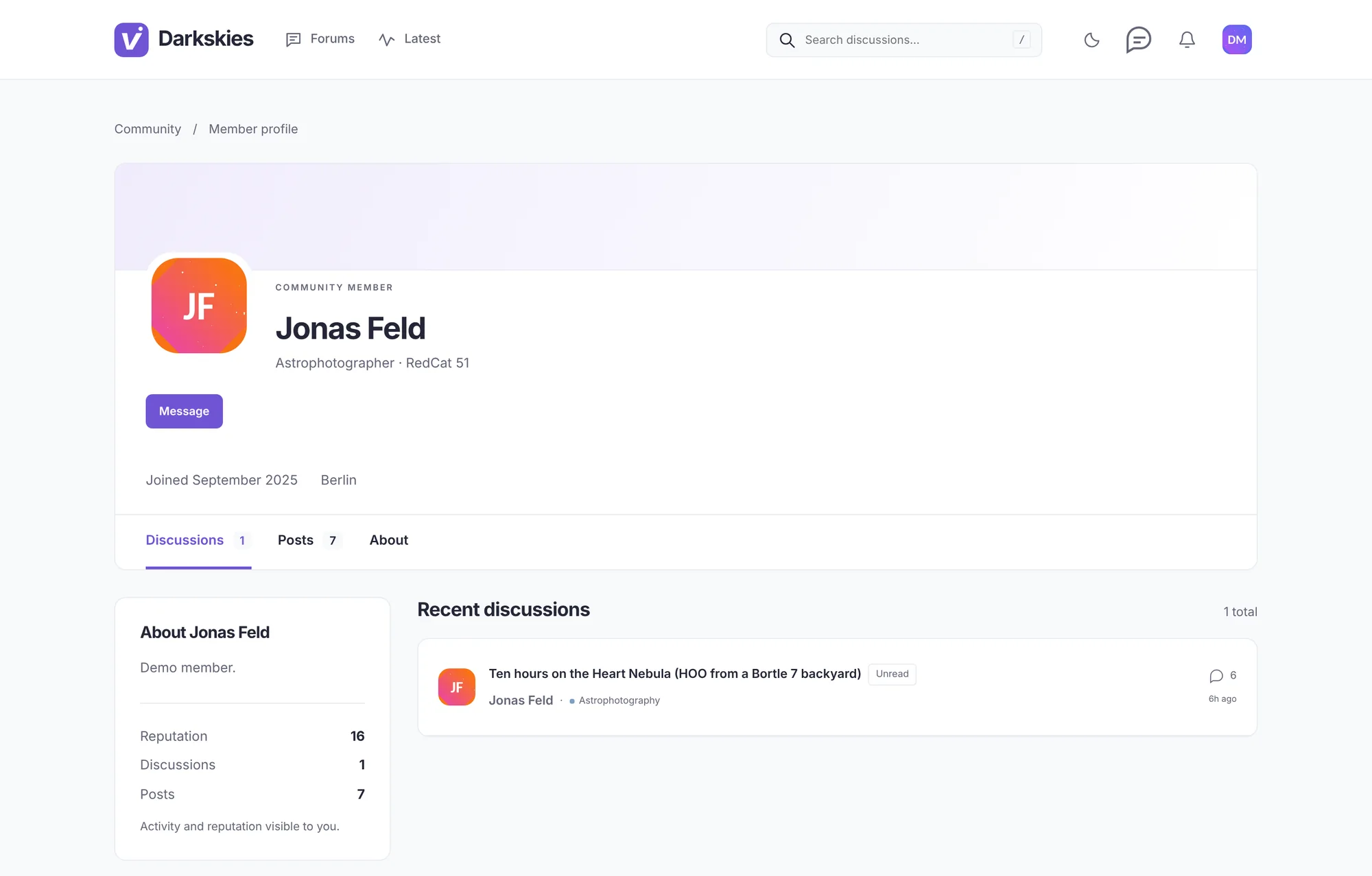A member profile page showing an avatar, headline, location, reputation and recent discussions.