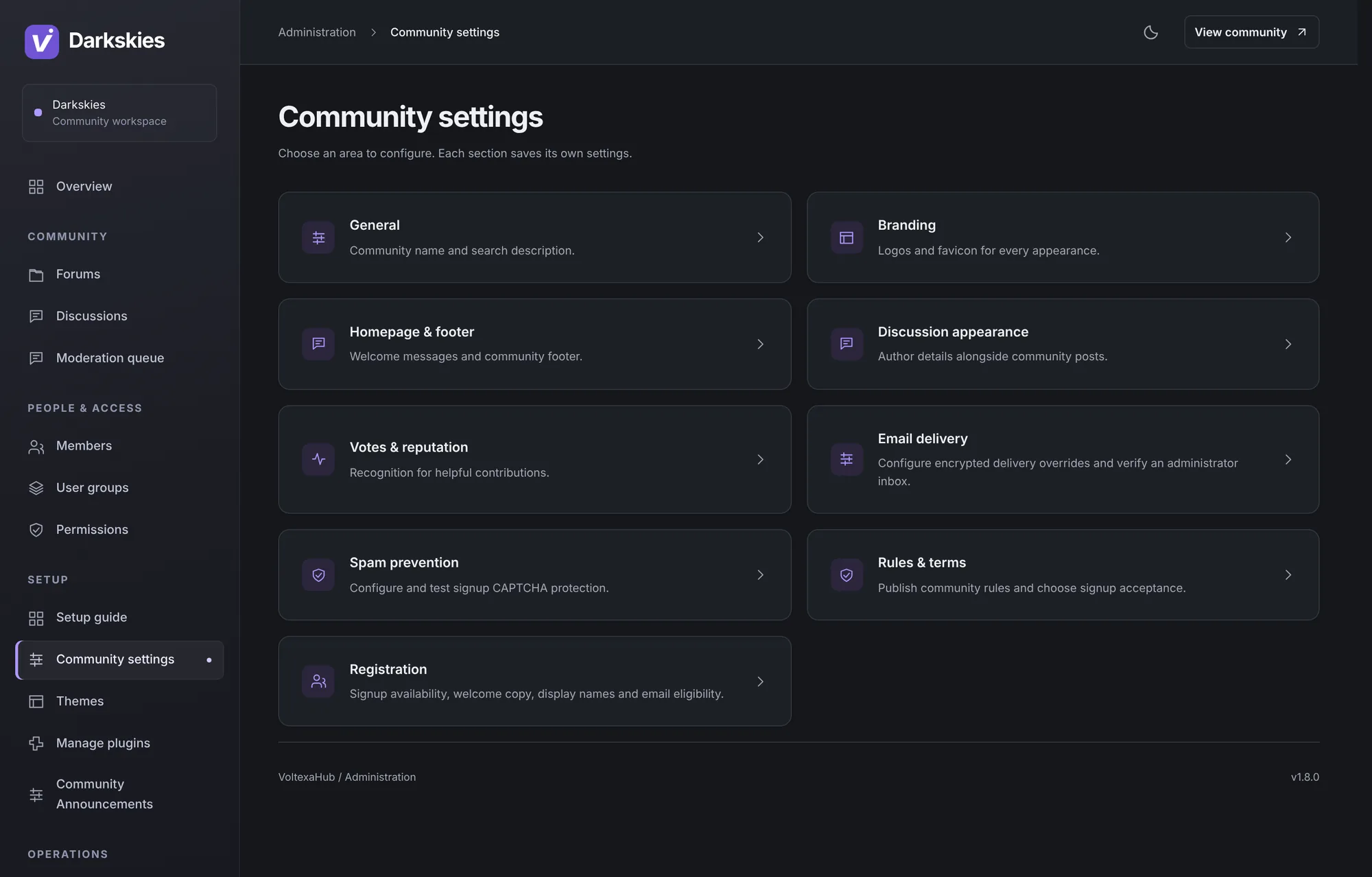 Community settings, split into focused pages: general, branding, homepage, discussion appearance, votes, email, spam prevention, rules and registration.