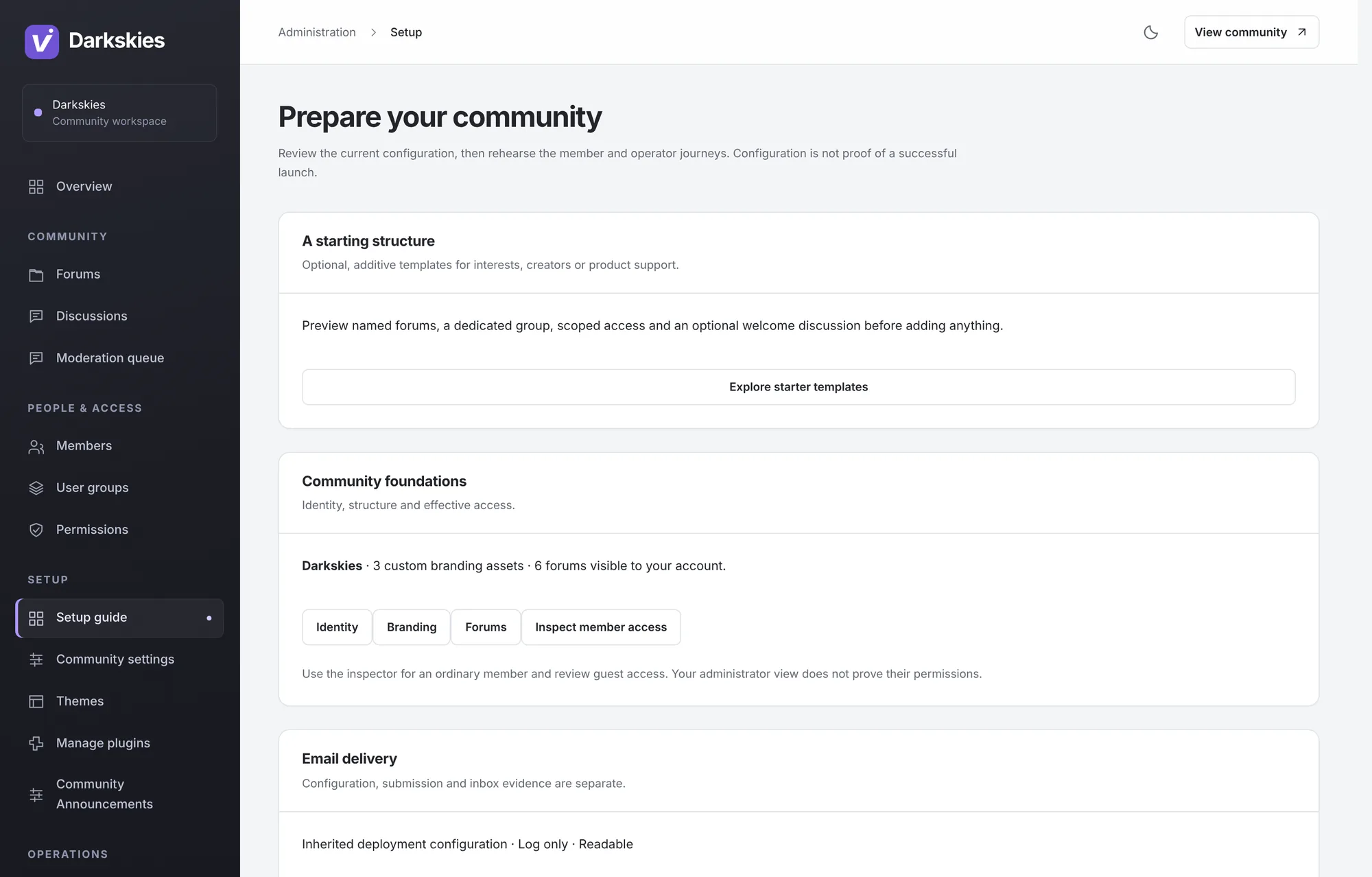 The setup guide: a starting structure, community foundations, email delivery and the remaining launch steps.