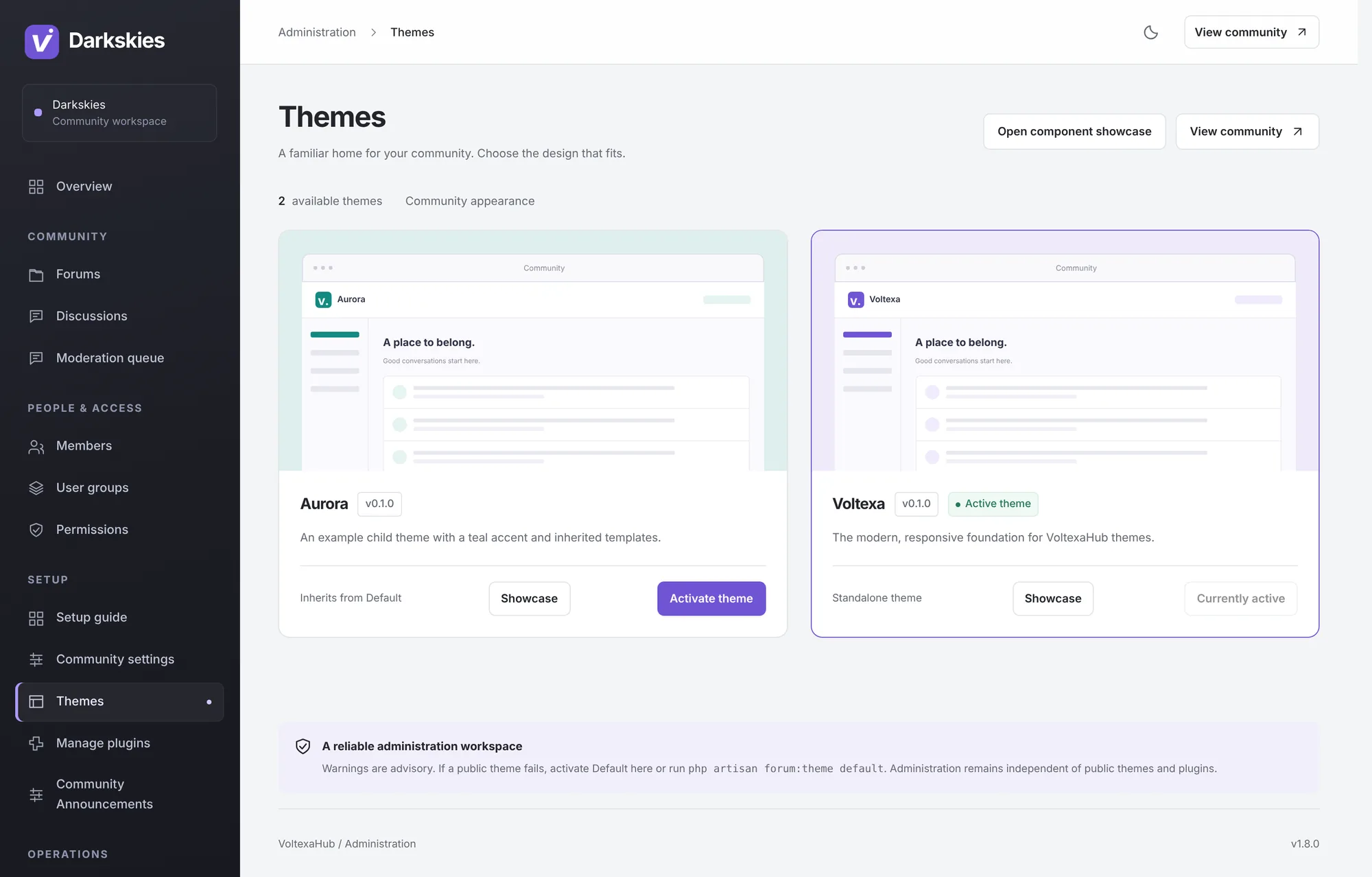 The themes screen with two installed themes, Aurora and Voltexa, each with a preview, showcase link and activation button.