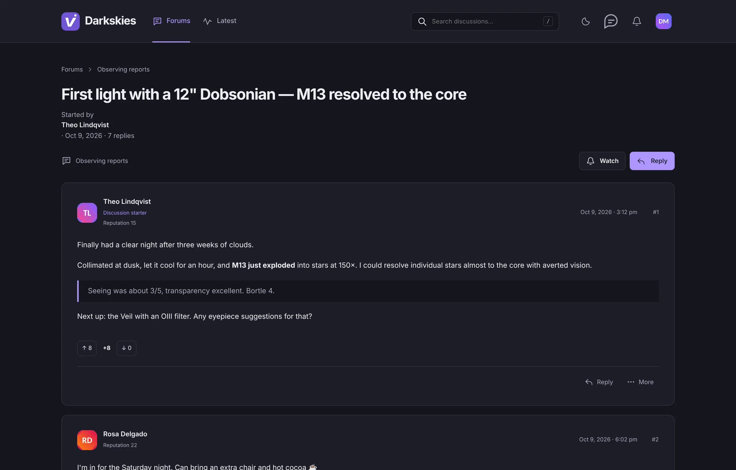 A discussion in a VoltexaHub forum called Darkskies, in dark mode: a first-light report from a member's new telescope, with a quote, upvotes and replies.