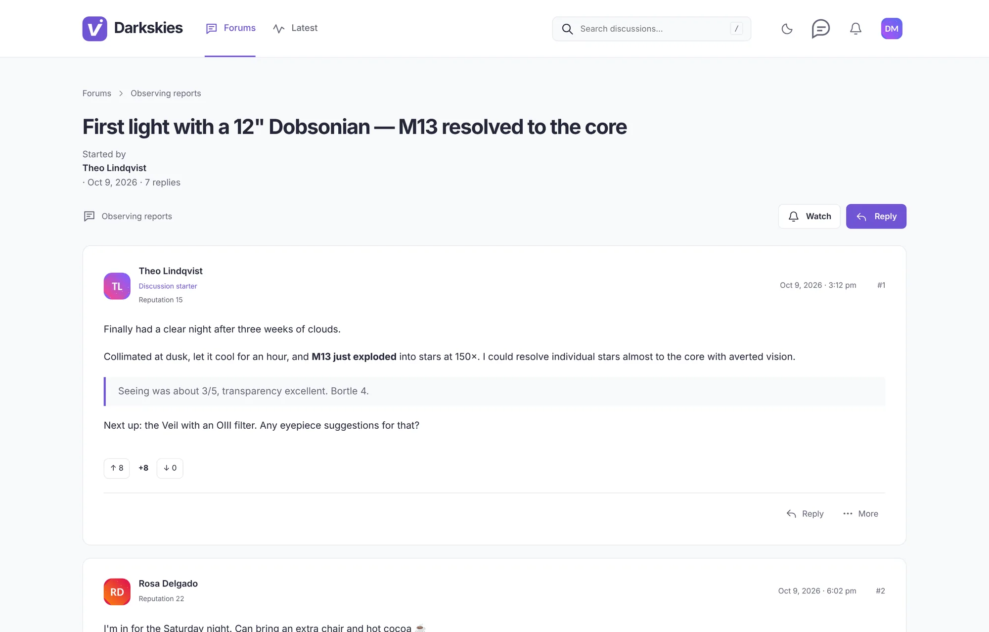 The same Darkskies discussion in light mode, showing the opening post, its author, reputation and reply controls.