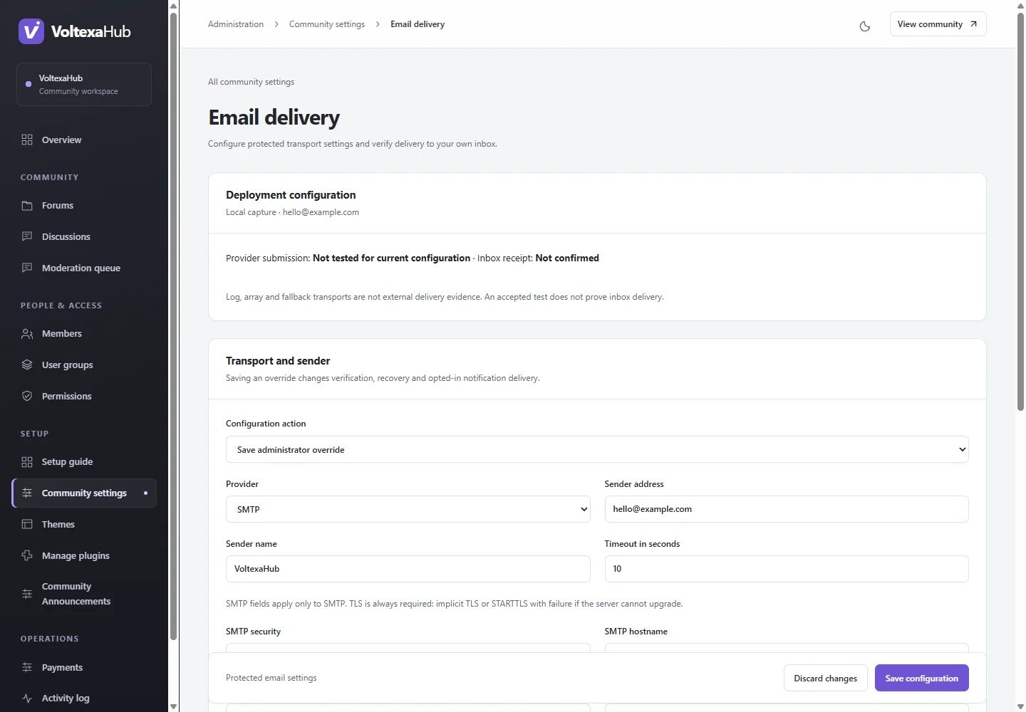 Email delivery editor showing transport configuration and verification steps