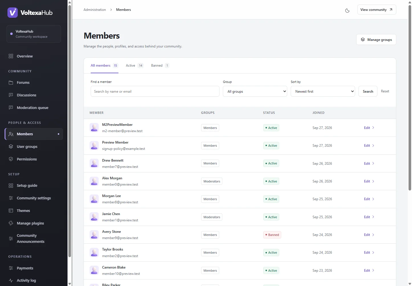 Member administration listing in the isolated demo community