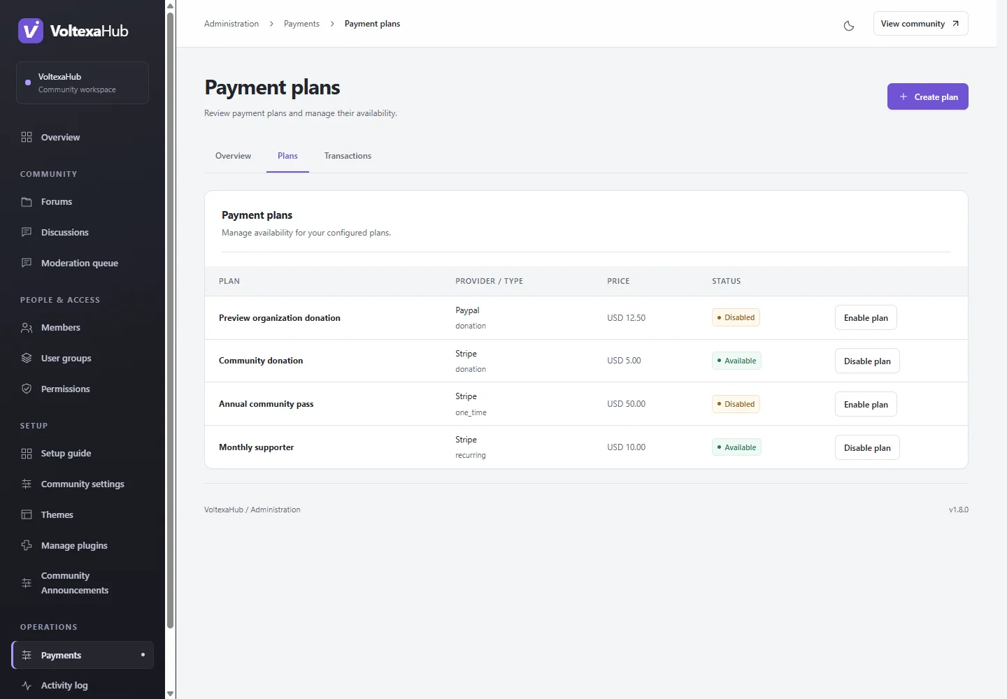 Payment plan administration with plans and status