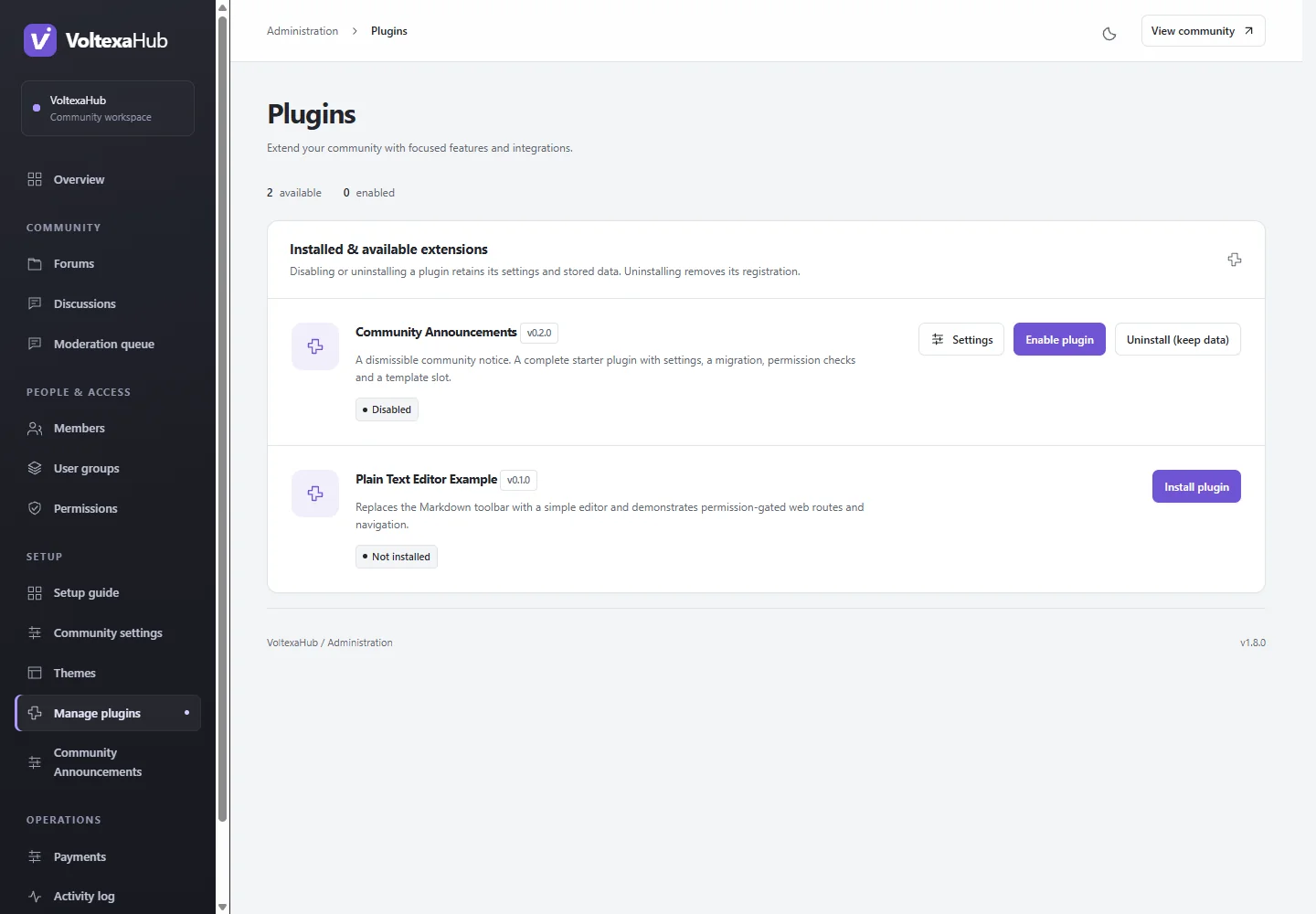 Plugins administration with lifecycle and settings controls