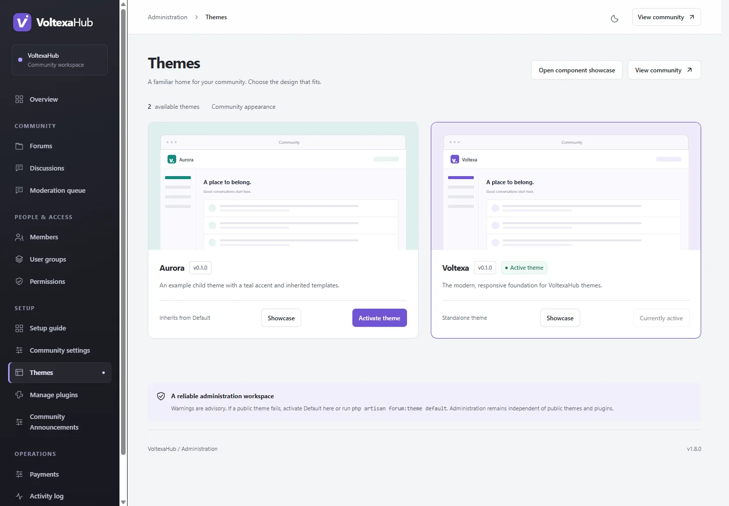 Themes administration showing available themes and activation controls